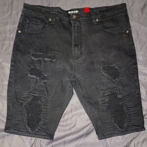 MAKOBI Black Distressed Jean Shorts with Heavy Fraying And Stretch. 40 Waist